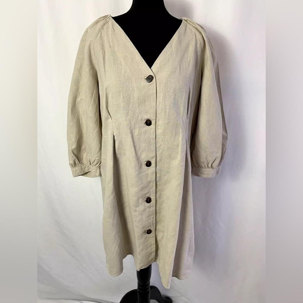 Zara Beige Linen Cotton Dress Size S Smock Oversize Puff Sleeve